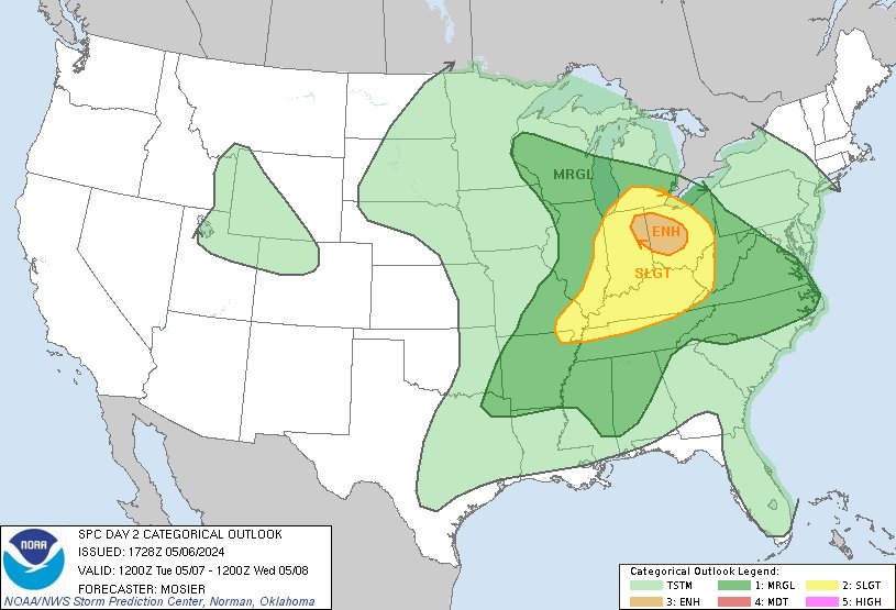 NWSSPC's tweet photo. 12:30pm CDT #SPC Day2 Outlook Enhanced Risk: from northeast Indiana into northwest and central Ohio https://t.co/Y1WiOd8TQQ https://t.co/lah3BW1e7y