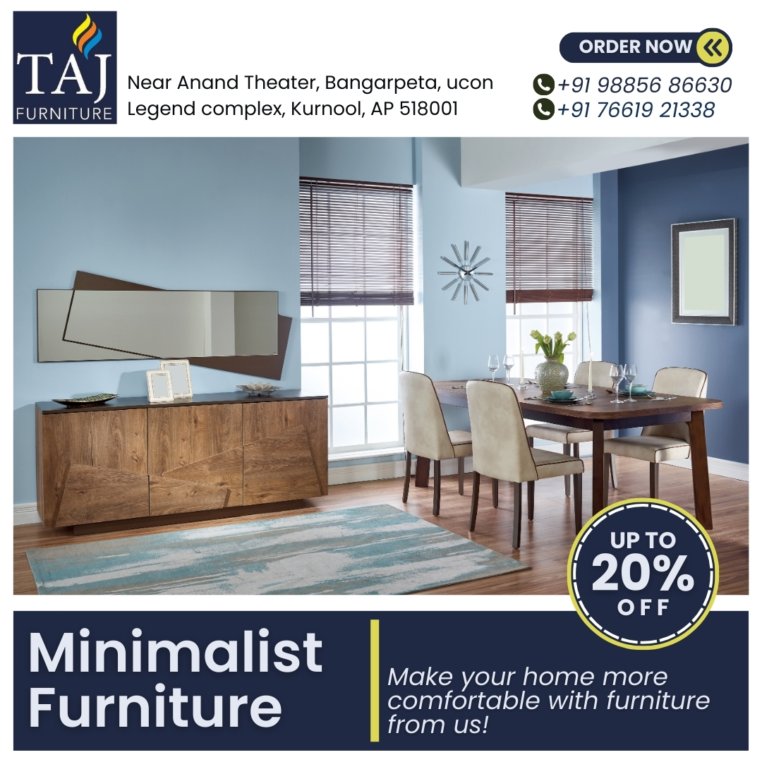 tajfurnitureknl's tweet image. Minimalist Furniture.
Make your Home more comfortable with Furniture from us,
Contact Numbers : 9885686630, 7661921338.
Address: Near Anand Theater, Bangarpeta, ucon Legend Complex, Kurnool, AP-518001.
.
#FurnitureSale #designchair #stylishfurniture  #exclusivefurniture #kurnool
