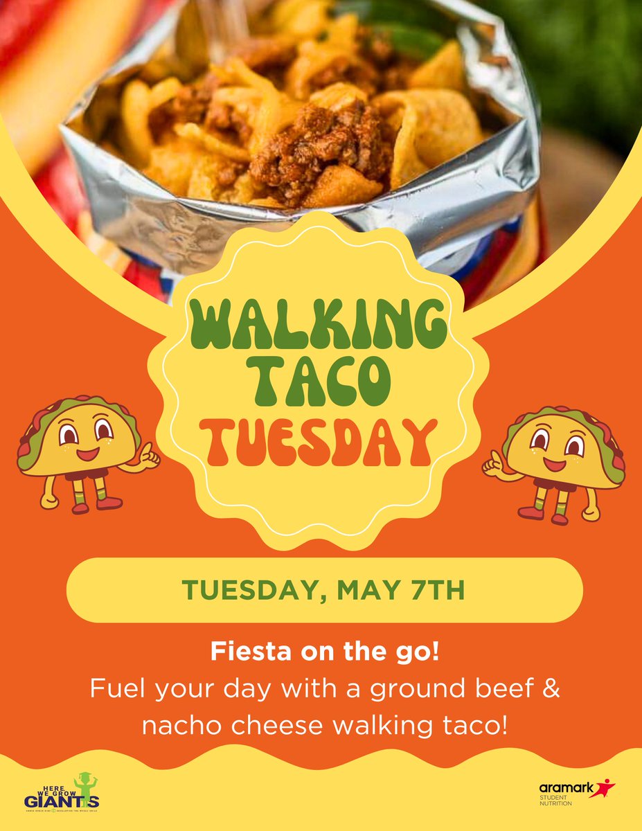 🌮It's almost Walking Taco Tuesday! Get ready to conquer your day with a delicious ground beef & cheese walking taco! @GCCISD @AramarkSN
