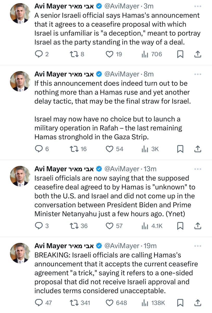 Israeli government propagandist @AviMayer says the threat of a Rafah invasion compelled Hamas to agree to a ceasefire, then calls Hamas’ acceptance a “ruse” that necessitates the Rafah invasion. A total psychopath liar.
