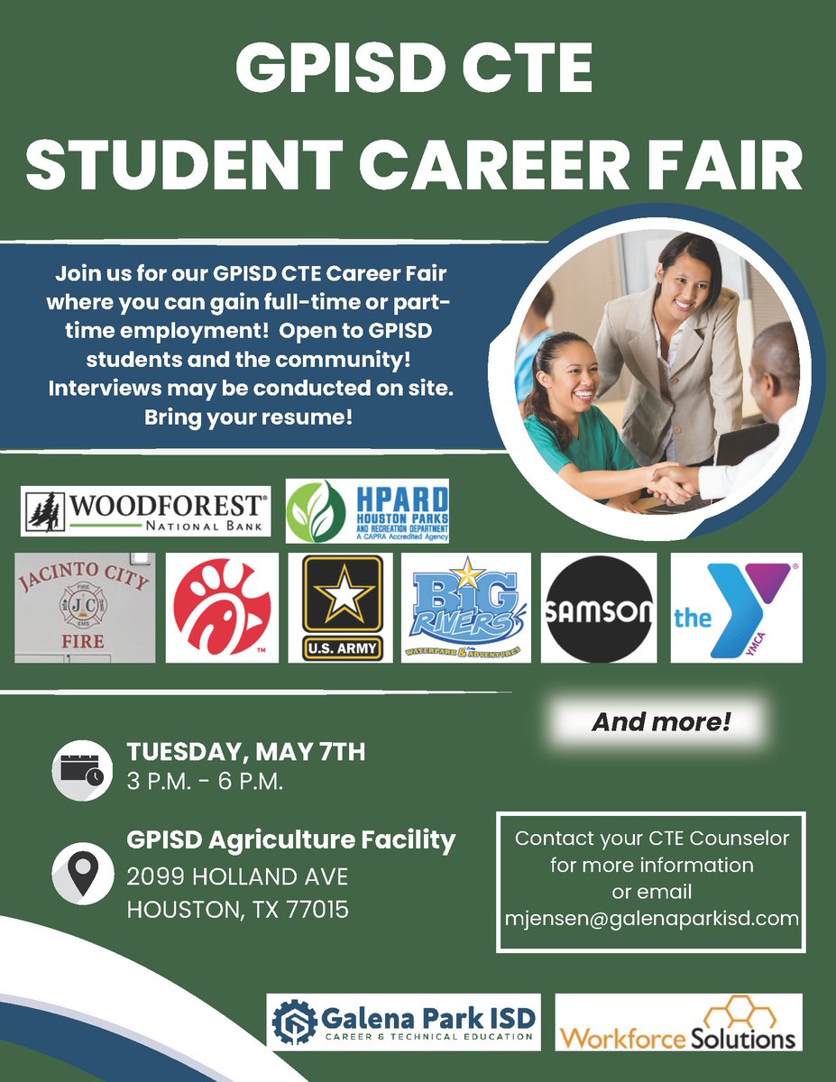 Join us for our GPISD CTE Career Fair, where you can gain full-time or part-time employment! The Career Fair is on May 7th, from 3-6 pat the GP Ag Facility. This event is open to GPISD students and the community! Bring copies of your resume, as interviews may be conducted.