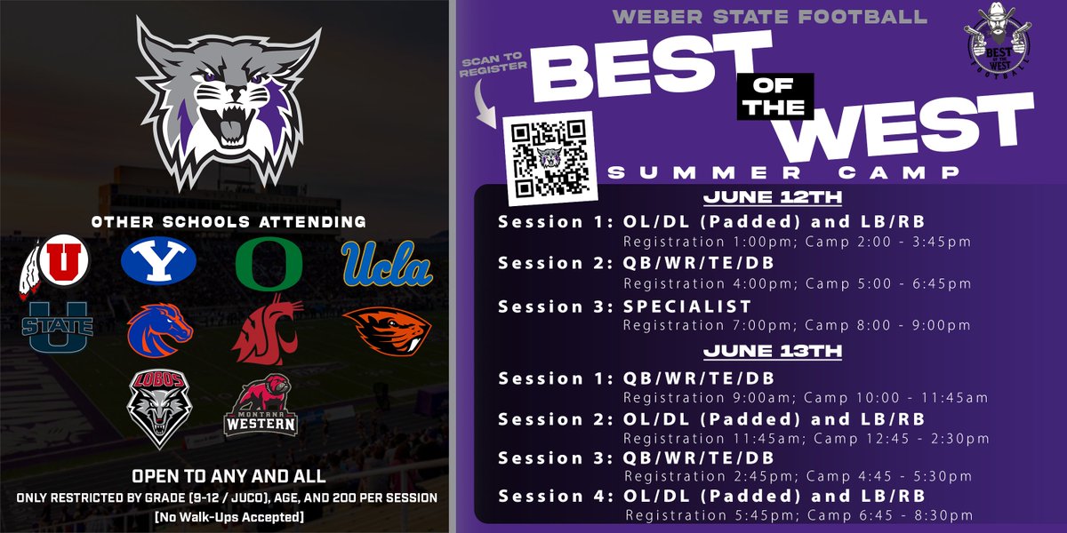 Sign up today for the Best of the West Camp on June 12-13, hosted by Weber State Football! 🏈 Register ⤵️ bit.ly/BestoftheWestC… #WeAreWeber