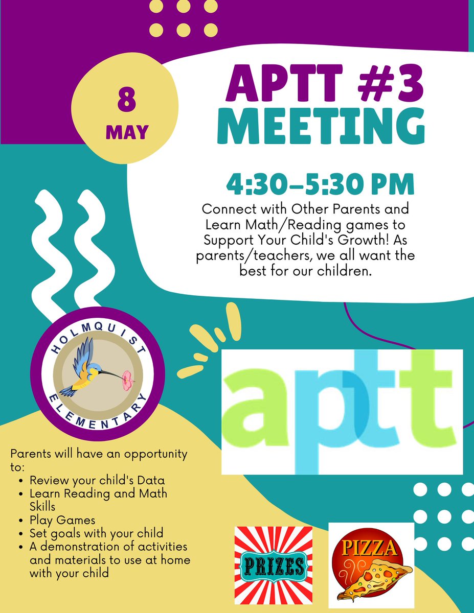 Our final APTT Math Night will be this Wednesday, May 8th from 4:30-5:30pm. Families, come get information that will help learning continue throughout the summer break. See you there! #HummingbirdsFly @kimtoneyHMQ