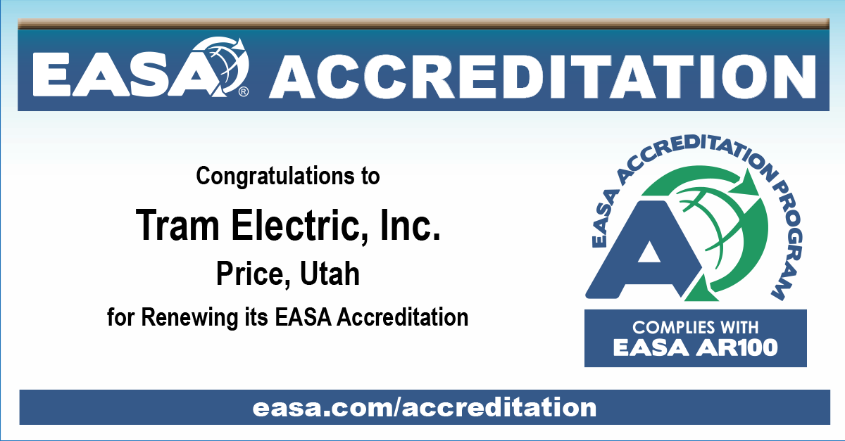 Congratulations to Tram Electric, Inc. (tramelectric.com) for renewing its @easahq Accreditation! @easahq Accreditation showcases this company's commitment to excellence and best practices. Learn more at easa.com/accreditation. #Electromechanical #EASA #Accreditation