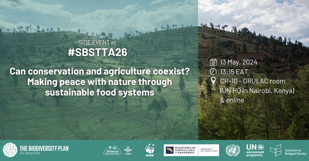 Next week, join this #SBSTTA26 side event to discover the benefits of a nature-positive food systems approach which fosters #biodiversity conservation and #foodsecurity for all. 🗓️ May 13, 13:15 EAT 📍 GRULAC room - UN HQ, Nairobi 🇰🇪 Or virtually 👉 bit.ly/44qPiII