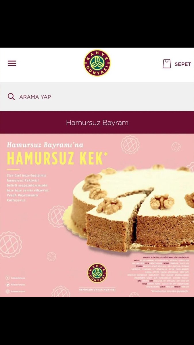 Yerli diye gittiğimiz #KahveDünyası katil İsraillilerin hamursuz bayramına özel kek/pasta yapmış. Ramazan’da bize özel bir indirim yaptı mı? Yada özel seri güllaçlı baklavalı bir ürün çıkardı mı? Çıkarmaz… Muhakkak bunu da yahudi malı markalar listenize ekleyin.👇