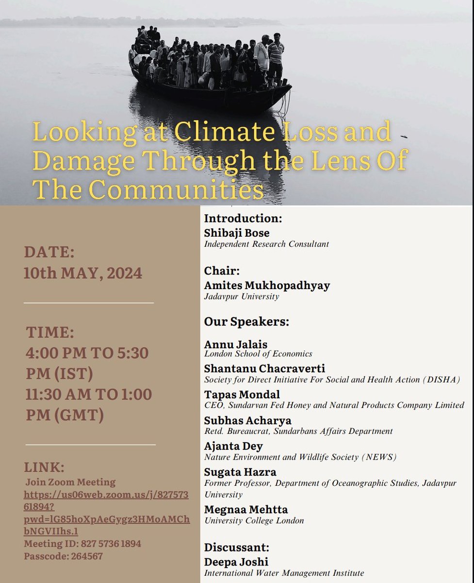 We are happy to invite you to a webinar on looking at climate loss and damage in Indian Sundarbans through the lens of fishers, farmers, federations, NGOs, bureaucrats & academics. Link: us06web.zoom.us/j/82757361894?… Meeting ID: 827 5736 1894 Passcode: 264567  @grassandgreens