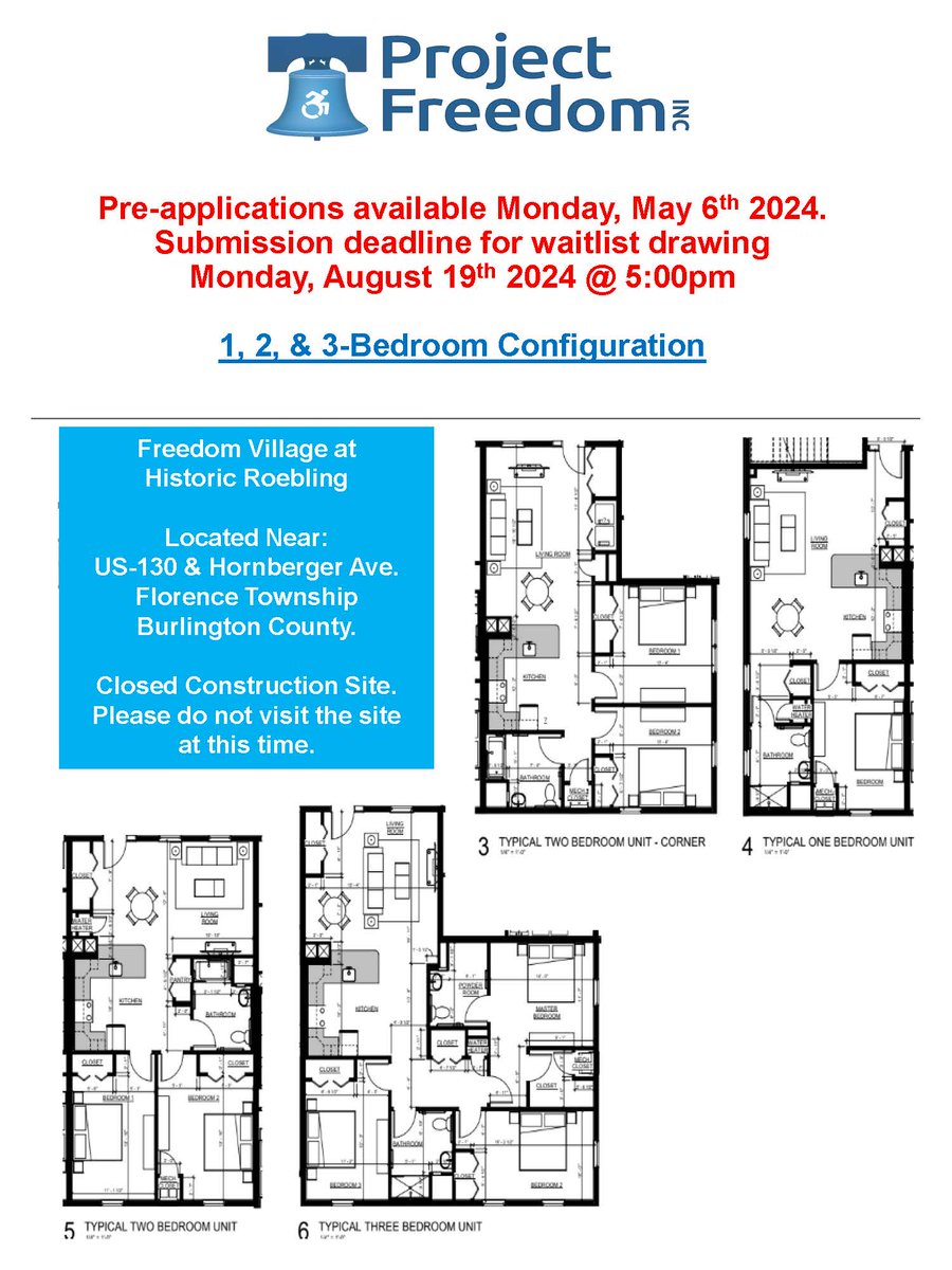 We begin again!
Apply now for #accessible #affordable apartments in #HistoricRoebling, #BurlingtonrCounty #NJ designed for people with #disabilities and families. projectfreedom.org/roebling-nj
