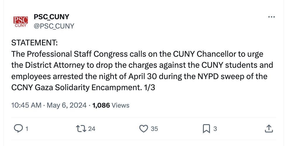 Here's the CUNY faculty union looking to get the criminal charges dropped for the CUNY faculty who obstructed police at City College. Question for @GovKathyHochul: why are they still CUNY faculty?