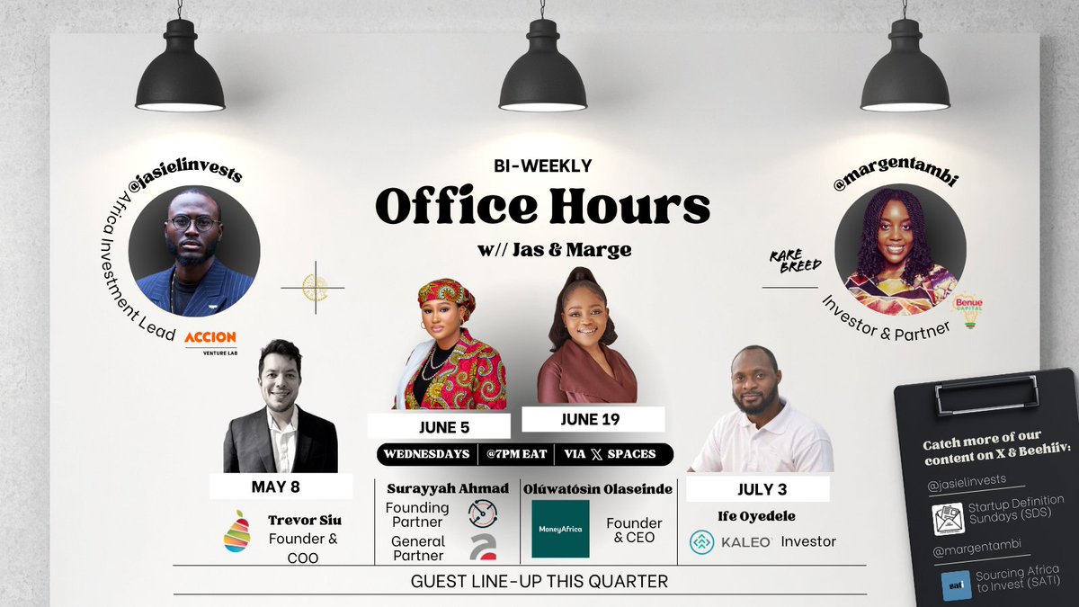 Another season of office hours begins! In 2 days, we'll have Trevor Siu of SVT, an @rarebreedvc portfolio company We'll also have @Surayyah__ahmad, @tosinolaseinde and Ife Oyedele, ex-co-founder of @kobo_360, currently investor at Kaleo VC An AMAZING lineup! Join us! ⬇️