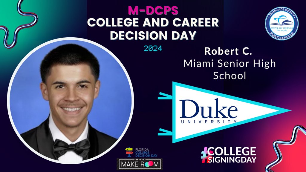 Today @MDCPS celebrates #CollegeSigningDay! Robert C. from @miamiseniorhigh will be attending @DukeU @BetterMakeRoom #CollegeReady #YourBestChoiceMDCPS @MDCPSCentral @SuptDotres @LDIAZ_CAO @ReachHigher @FLCollegeAccess