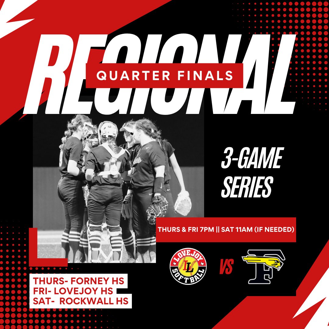 REGIONAL QUARTERFINAL INFORMATION
🆚 Forney Jackrabbits
📆 May 9th, 10 & 11th (if needed)
⏰ 7:00pm
📍 Thurs- Forney HS | Fri- Lovejoy HS | Sat- Rockwall HS (if needed)
🥎 #rollpards #attack