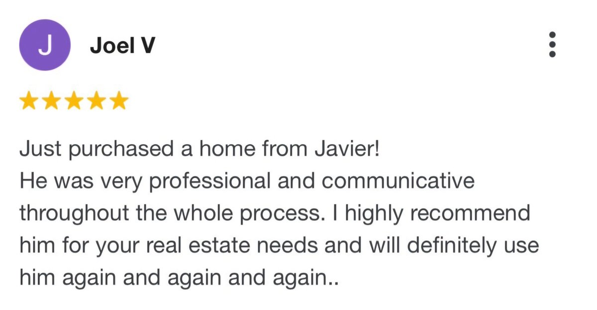 Hey everyone, it's Javier Ramirez, your go-to Realtor in Pomona, CA! Just received another amazing review from a satisfied client. I love helping people find their dream homes. If you're looking to buy or sell, I'm here to help. Contact me today! #Realtor #Pomona #SatisfiedClient