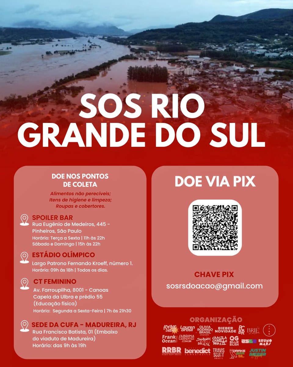 ⚠️ SOS RIO GRANDE DO SUL

Vendo a necessidade urgente de ajuda para o RS, portais brasileiros de alguns artistas se juntaram pra alcançar o máximo de pessoas possíveis.

Nossa ideia inicial é fazer uma vaquinha online e dividir o que for arrecadado em duas partes! A primeira