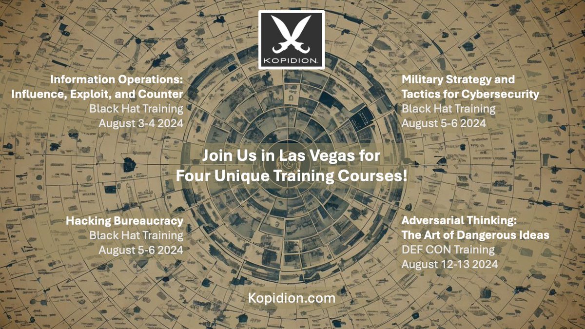 Join us for four unique training courses at #blackhat and #defcon this summer. 

For our IO, Military, and Bureaucracy courses @BlackHatEvents see:
blackhat.com/us-24/training…

For our Adversarial Thinking course @defcon see:
training.defcon.org/products/greg-…

#bhusa  #defcontraining @kopidion