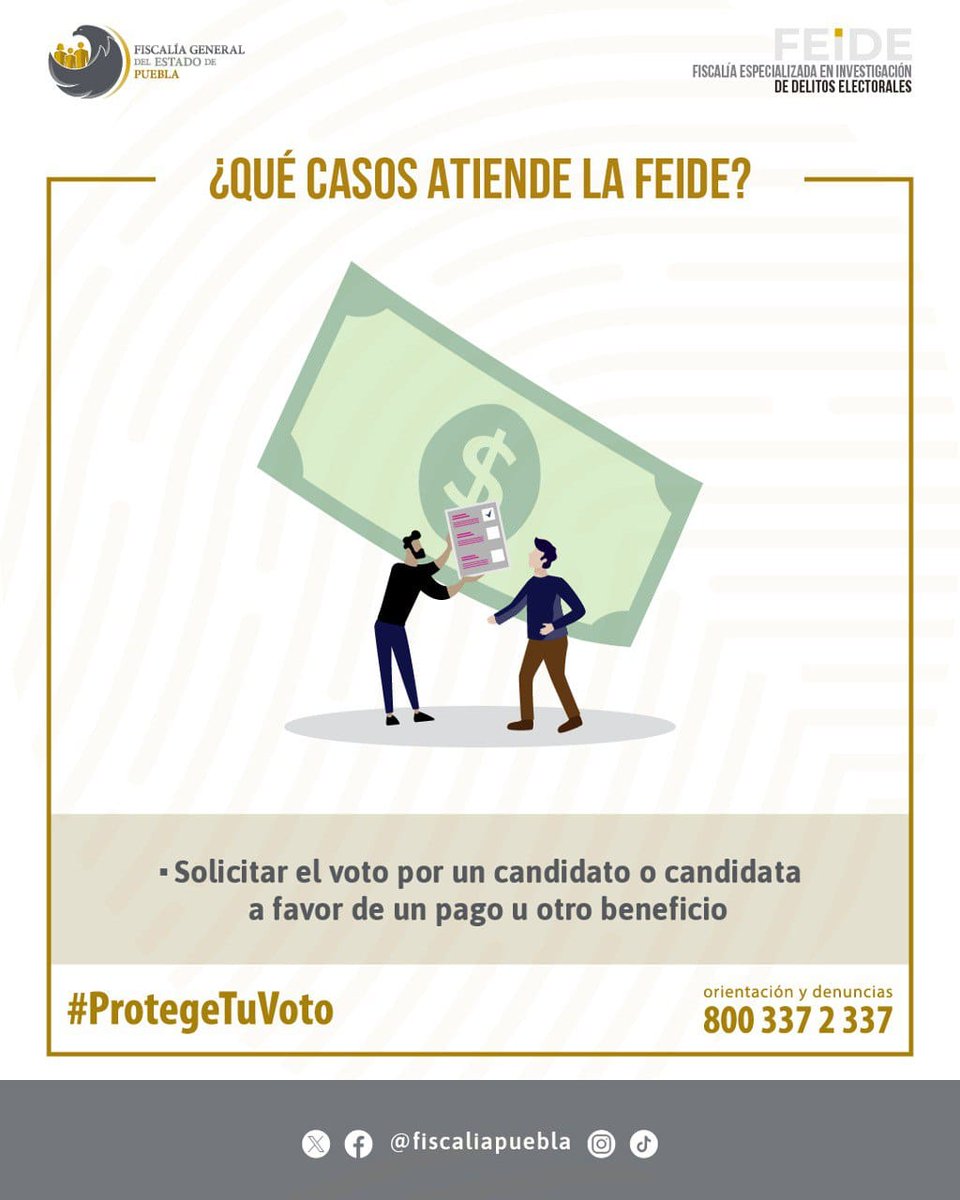 Si te solicitan el voto por un candidato o candidata a favor de un pago u otro beneficio, #ProtegeTuVoto 🗳️ y denuncia ante la FEIDE llamando al ☎️ 800 337 2 337