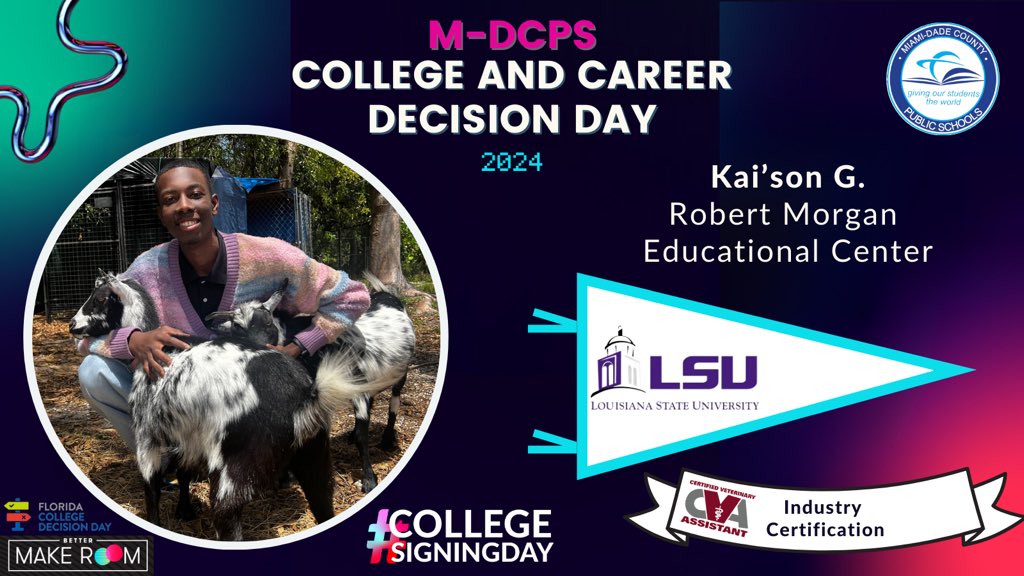 Today @MDCPS celebrates #CollegeSigningDay! Kai’son G. from @RMEC_pirates has earned industry certifications & will be attending @LSU @BetterMakeRoom #CollegeReady #CareerReady #YourBestChoiceMDCPS @MDCPSSouth @SuptDotres @LDIAZ_CAO @ReachHigher @FLCollegeAccess @CTEMiami