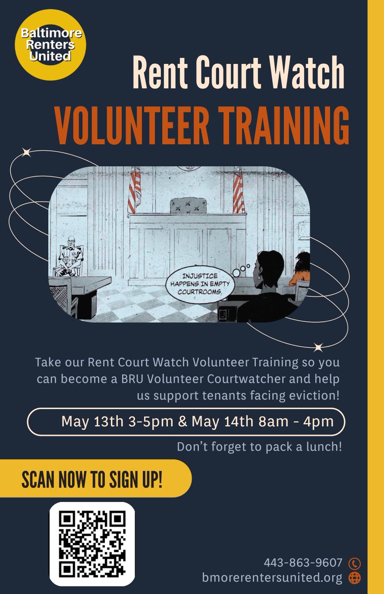 It’s here! Our Rent Court Watch program is accepting volunteers and running our first volunteer training!! You can sign up at baltimorerentersunited.org/volunteer