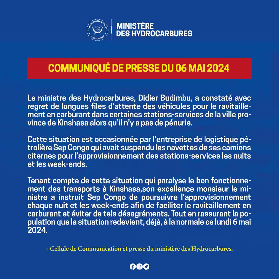 #RDC Le Ministre des Hydrocarbures, Didier Budimbu @DidierBudimbu a exprimé son désarroi face aux longues files d'attente pour l'essence à Kinshasa, malgré l'absence de pénurie. La suspension des livraisons par SEP CONGO pendant les nuits et week-ends est à l'origine de ce…