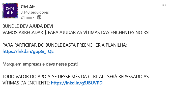🚨🚨🚨

Pessoal da <a href="/ctrlaltjam/">CTRL ALT</a> tá organizando um pacotão de jogos brasileiros pra ajudar as vítimas das enchentes do RS

DEV AJUDA DEV, BORA COLOCAR SEU JOGUINHO NO BUNDLE 🎮

➡️ docs.google.com/spreadsheets/d…