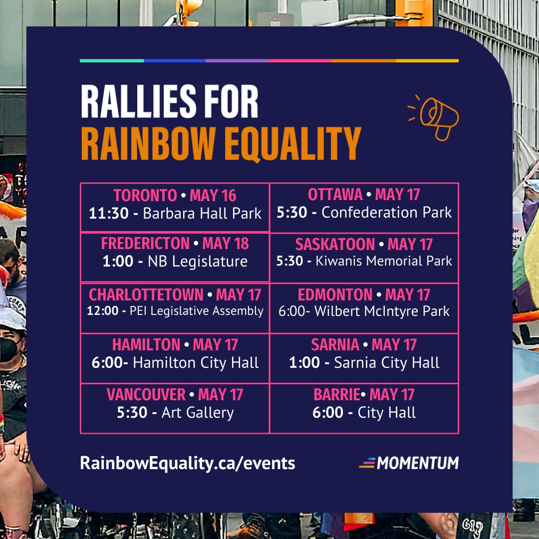 From May 11-17, Amnesty is joining the Society of Queer Momentum in leading a National Rainbow Week of Action for a more free & equal Canada The week features rallies in cities across Canada, a digital letter-writing campaign & events List of rallies: rainbowequality.ca/events