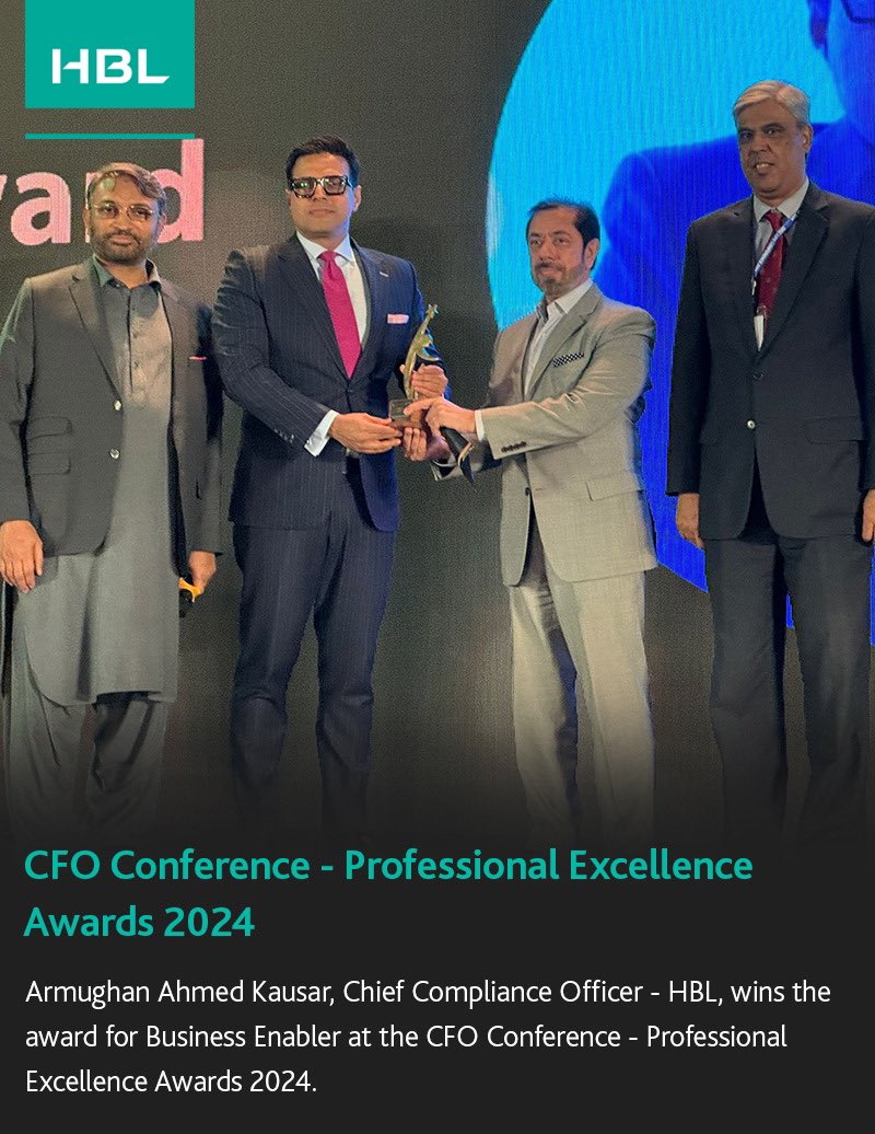 HBL’s Chief Compliance Officer, Armughan Ahmed Kausar, wins the Business Enabler Award at the CFO Conference - Professional Excellence Awards 2024. 

#ICAP #CAPakistan #PAIBC #PEA 
@icapofficial