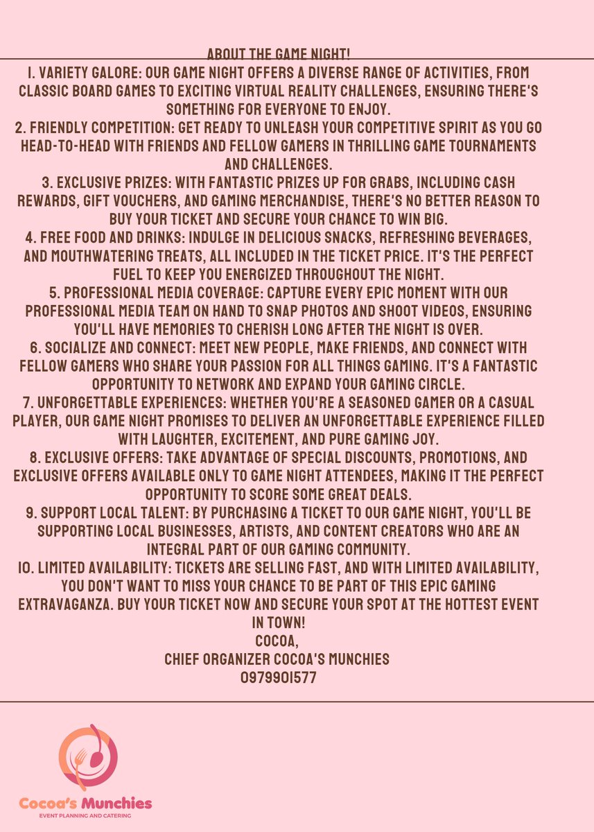 Level up your weekend plans with our epic game night! 🎮 Grab your tickets now for a night of fun, competition, and awesome prizes. Don't miss out – secure your spot today! #GameNight #Fun #TicketsOnSale @tonytheegoon @Masulani_ @DominicMboo_ @Titamie_ @glasses__girl