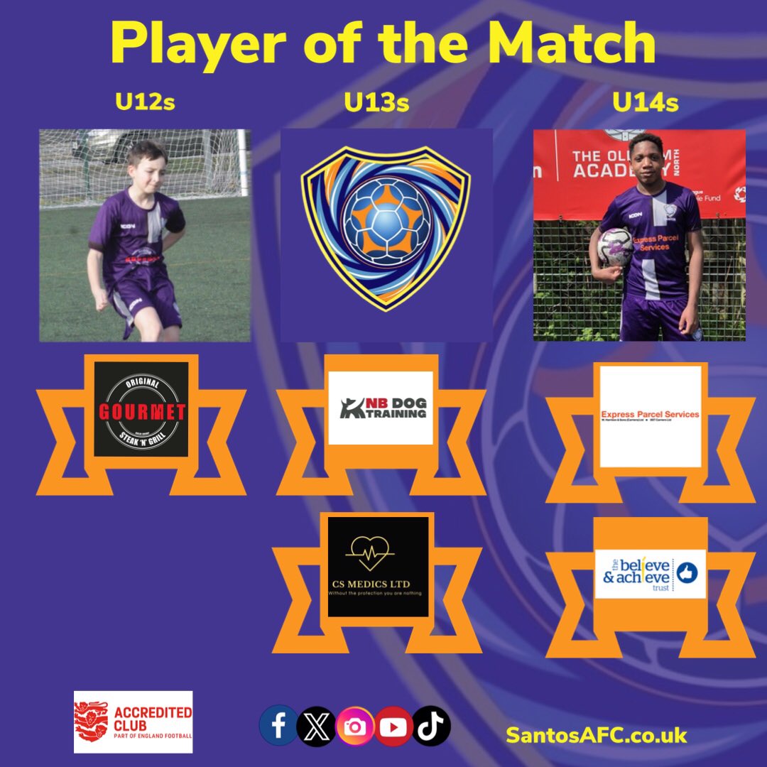 🏆Player of the Match 04/05/24 - 05/05/24

#U12s - Ollie

#U13s - No Game

#U14s - Unity

Keep up the good work!  🏆

With thanks to our sponsors #originalgourmetsteakngrill  #csmedicsltd #eps_expressparcelservices #nbdogtraining #thebelieveandachievetrust