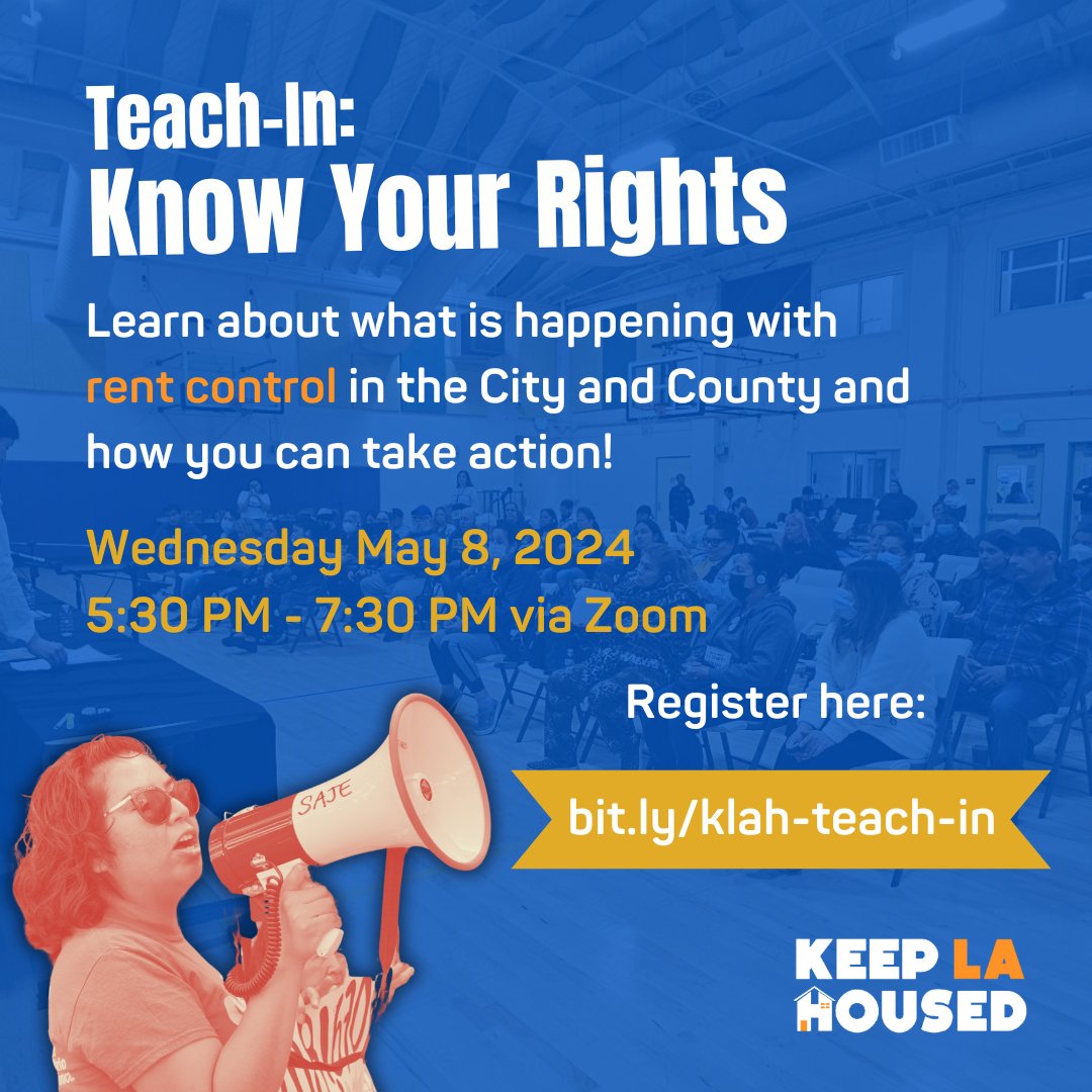 📢 Attention all renters in Los Angeles City and County! Join @KeepLAHoused this Wednesday for a virtual Know Your rights teach-in, where Public Counsel staff will discuss what is happening with rent control in the city and county. 🔗 Register : bit.ly/klah-teach-in
