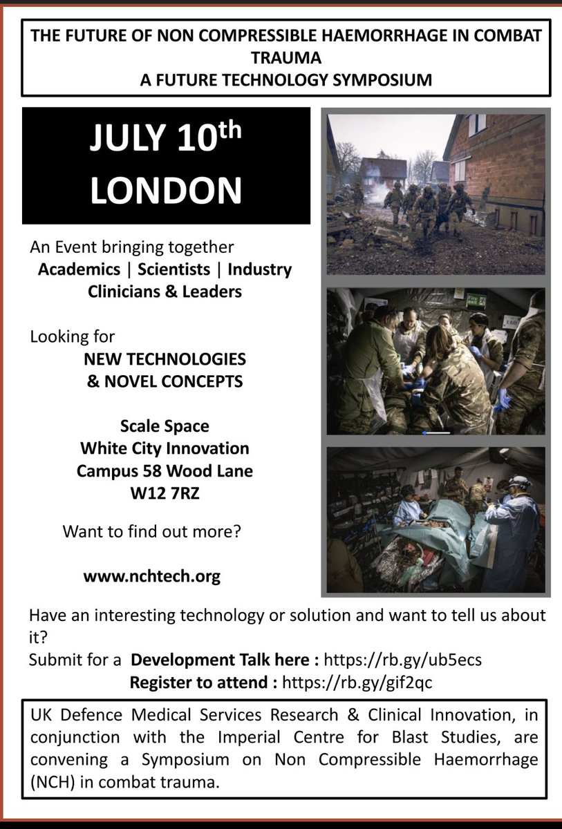 Non compressible hemorrhage remains a leading cause of death in trauma patients. Want to learn about the future of technology being developed for combat trauma? Check out this symposium!! #THOR #RDCR #MedEd #Blood #Coag #London