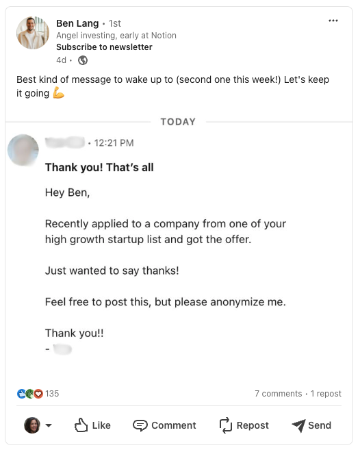 I think <a href="/benln/">Ben Lang</a> might be the most helpful person in tech startups right now. So nice to see.