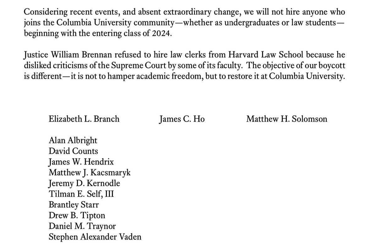NEW: 13 federal judges say they will no longer hire clerks from Columbia Law School OR Columbia College after the university allowed an encampment on its lawn to spiral into a destructive occupation of a campus building. This is the first clerkship boycott to hit undergrads.🧵