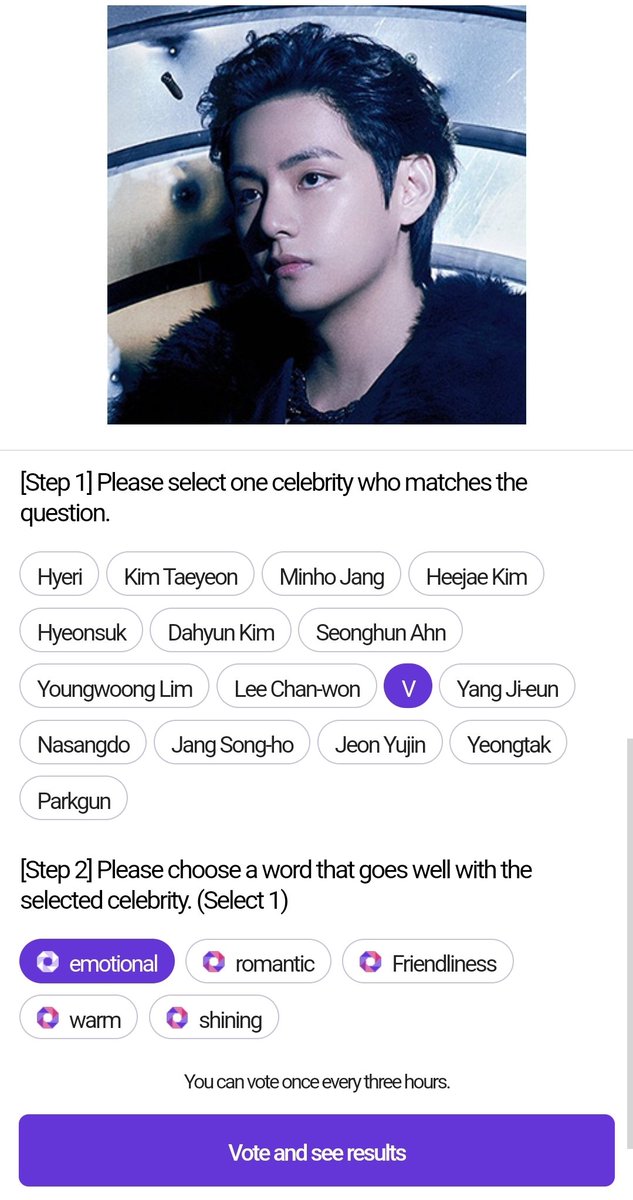 My Celebs 📢📢
Who is the star who is “full of deep love” and resembles the language of the carnation flower?
Vote for #TAEHYUNG ✅1x 3 HRS 
📌Select •V •Emotional •Purple bar 
🔗vote.mycelebs.ai/m/theme_pick_v… 
C.Rank 4️⃣ 
WE PURPLE YOU KIM TAEHYUNG 💜