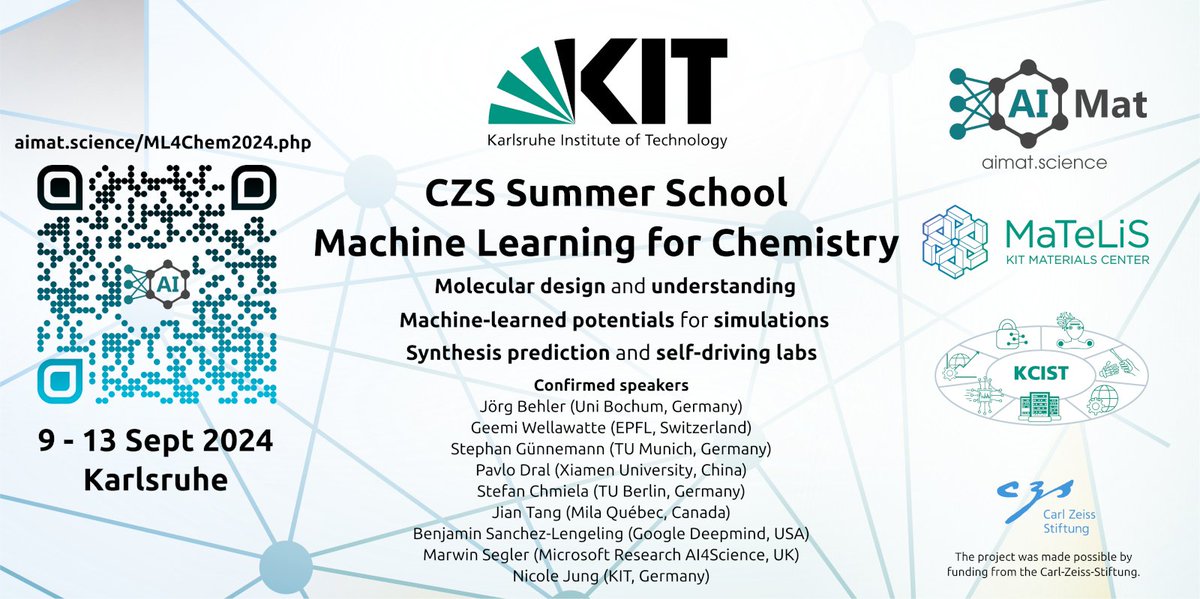 We are organizing a CZS Summer School about #MachineLearningInChemistry. 9-13 Sept @KITKarlsruhe, Germany. More information: aimat.science/ml4chem2024.php Speakers include Jörg Behler, Stephan Günnemann, Geemi Wellawatte, and many more! #MolecularDesign #MLPotentials #SelfDrivingLabs