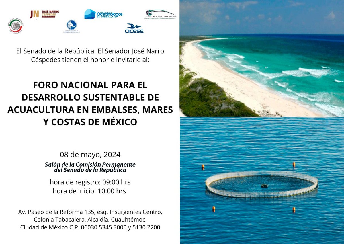 📌 El senador @NarroJose invita mañana al Foro nacional para el desarrollo sustentable de acuacultura en embalses, mares y costas de México. 📆 8 de mayo. ⌚ 10:00 horas. 📍 Salón de la Comisión Permanente del Senado de la República.