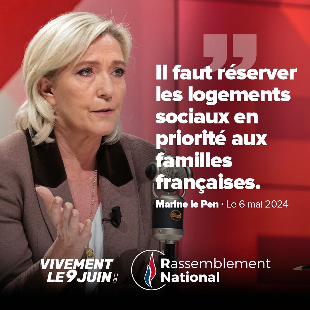 🔵 Les logements sociaux sont financés par les impôts des Français, ils doivent donc être réservés en priorité aux Français eux-mêmes et non aux étrangers. Ceux qui ne cotisent pas n'ont pas à profiter des avantages sociaux qu'offre la France ! #VivementLe9Juin