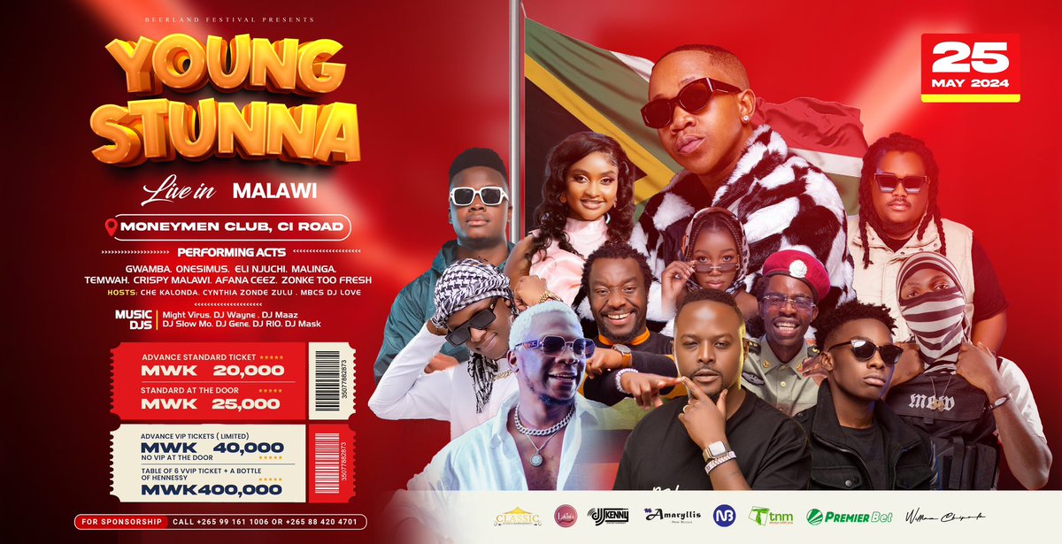 One of the great events to happen this year is almost here, secure your tickets now

#BeerlandYoungStunna 
#YoungStunnaLiveInMalawi 
#YoungStunnaMalawi