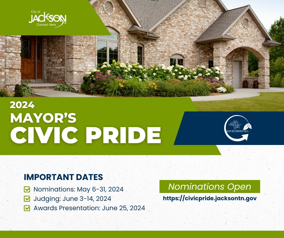 Nominations for the 2024 Mayor’s Civic Pride Awards presented by Keep Jackson Beautiful are now open to the public. Visit our website to view the official rules, judging criteria, and to make your nominations: civicpride.jacksontn.gov