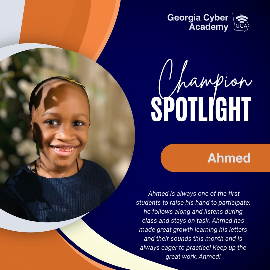 🌟Shoutout to Ahmed, one of our Students of the Month! 

✍ Ahmed is always one of the first students to raise his hand to participate; he follows along and  listens during class and stays on task.

#GCAchampions #onlineschool  #charterschool #georgiaschools