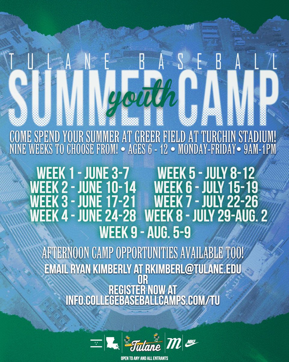 Summer is right around the corner...no time like the present to sign up for the 𝗧𝘂𝗹𝗮𝗻𝗲 𝗕𝗮𝘀𝗲𝗯𝗮𝗹𝗹 𝗬𝗼𝘂𝘁𝗵 𝗦𝘂𝗺𝗺𝗲𝗿 𝗖𝗮𝗺𝗽! Register: bit.ly/43BqtZt #RollWave 🌊⚾️