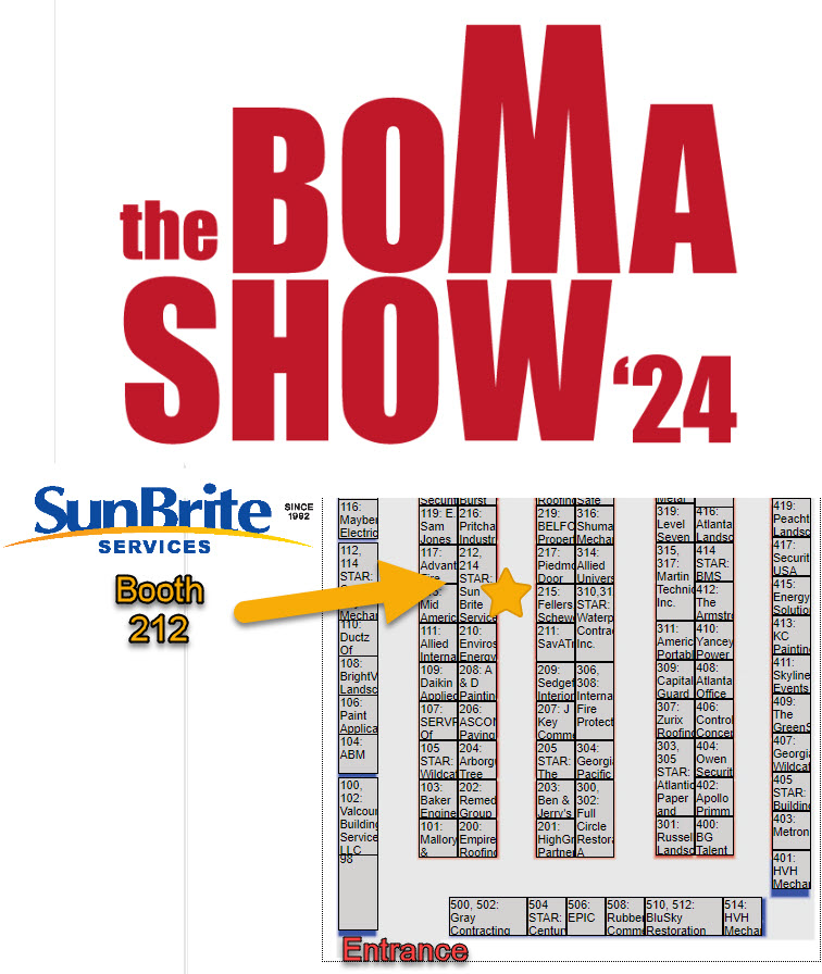 Join us at The BOMA Show '24 at the Cobb Galleria! Visit us at⭐Booth 212 and discover how Sun Brite Services can elevate your property maintenance. Don't miss out – see you there! #TheBOMAShow24 #PropertyMaintenance #SunBriteService