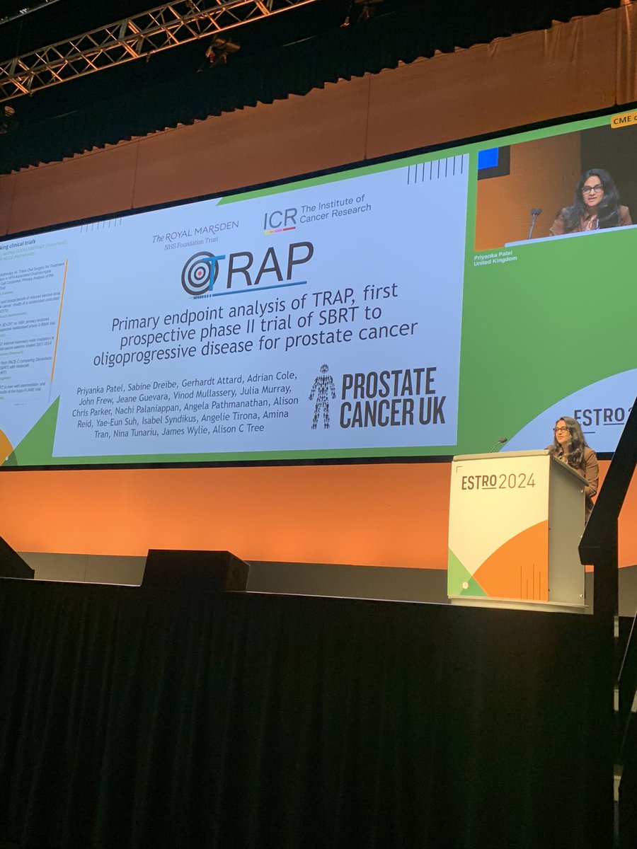 So proud of @Priyankapetal who did a fantastic job presenting the results of the TRAP trial at #ESTRO24, funded by @ProstateUK SBRT can delay time to next therapy (usually chemotherapy in this setting) maintaining QOL. Thanks to collaborators across the UK