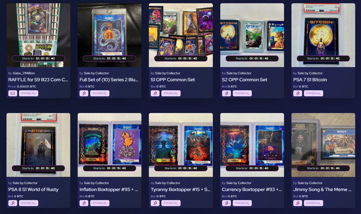 💥LIVE FOR VIEWING💥 Bitcoin Trading Cards 1 Raffle + 9 Auctions featuring cards from Series 1 & 2, Unconfiscatable, Boxtoppers, and Bitcoin '23 Drops Tomorrow 🔗 scarce.city/collections/bi…