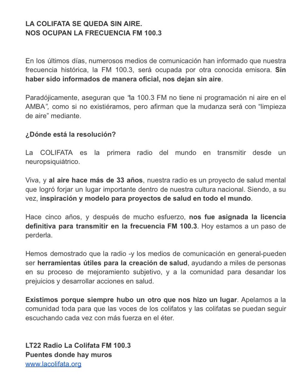 Es inconmensurable todo lo bueno que nació y creció en estos más de 30 años de La Colifata en el aire, una radio única, viva y ejemplar, además de motivo de orgullo infinito. Son muchas, si. Pero anótense acá en una de las que no podemos no defender.