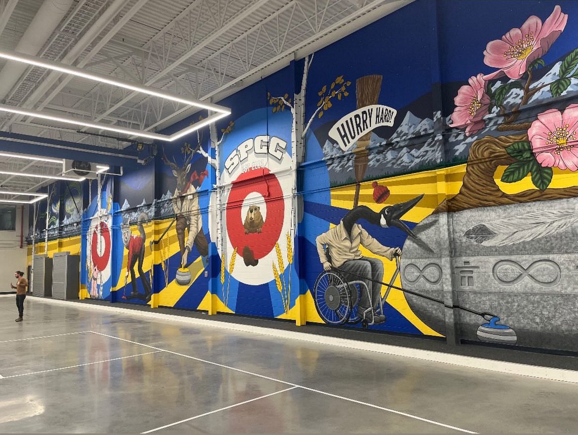 How gorgeous is this?? 😍 🥌 The brand new mural at Sherwood Park Curling Club was unveiled yesterday! It was designed and painted by local artist Josh Harnack.