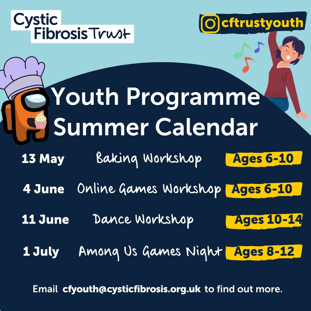 Loads of fun online events are happening over at CF Trust Youth this summer! 🎮 Check out our calendar of one-off workshops for children aged 6-14 with #cysticfibrosis (siblings are also welcome to sign-up!) Email cfyouth@cysticfibrosis.org.uk to find out more.