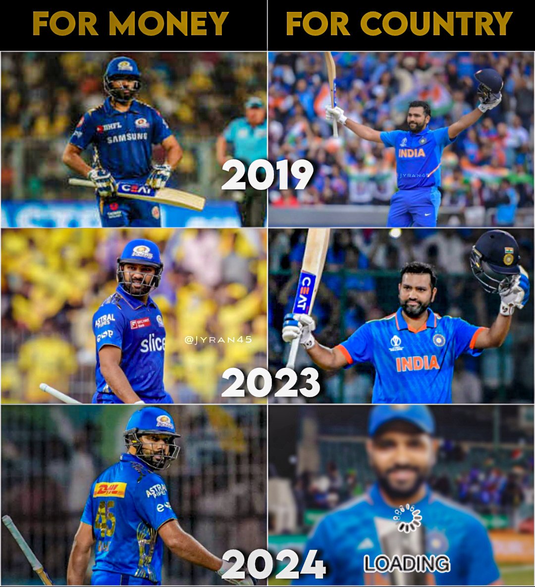 Those 🤡 who are overacting and crying over Rohit's form in IPL, probably have just started watching IPL because Rohit doesn't give his best for money, his motivation to play for the country is different, when He will wear the Indian jersey, he will be a different Rohit Sharma.…