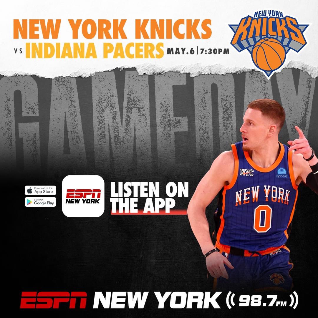 IT'S NEW YORK KNICKS PLAYOFFS GAMEDAY! Listen to the @nyknicks vs. the Indiana Pacers (Game 1) TONIGHT on 98.7FM or on the ESPN New York App! 📻💻📲 ⏰: 7:00PM Pregame/7:30PM Start DOWNLOAD THE APP HERE: goodkarma.qrd.by/espnny-app