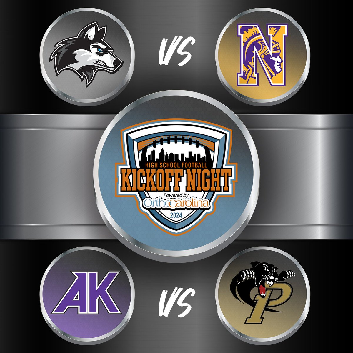 It is official 🏈 we are excited to announce the 11th annual Charlotte Kickoff Night powered by @OrthoCarolina match ups! 📅August 23 Game 1⃣ @HoughFB vs @NHSTrojansFB Game 2⃣ @Prov_Football vs @AKHS_Football ⏰5:15 PM / 8:00 PM 📍Memorial Stadium