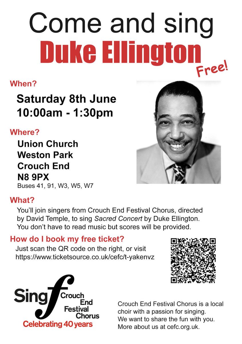 Join us and our music director @DTConductor, to sing Sacred Concert by #DukeEllington. Don't worry if you don't know the piece and you don't have to read music, but scores will be provided. Free tickets: ticketsource.co.uk/cefc/cefc-duke… Find out more about us at ​cefc.org.uk